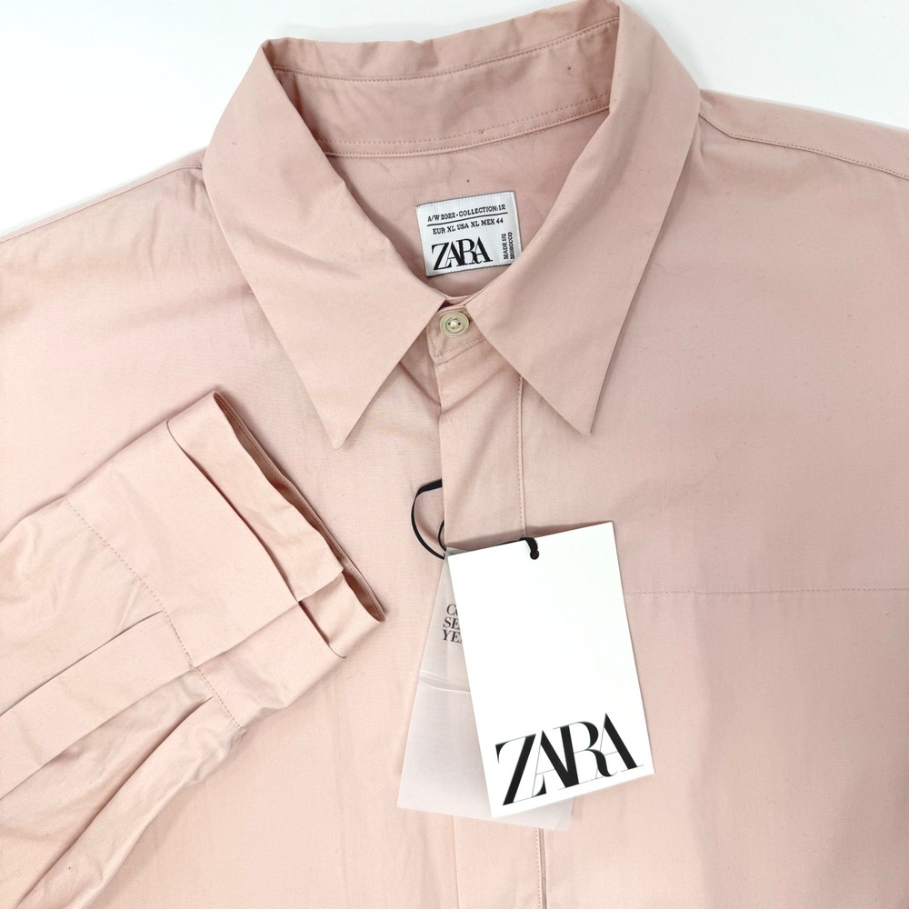 Zara Mens XL Pink Long Sleeve Button Up Shirt AW 2022 Collection 12 Cotton NEW